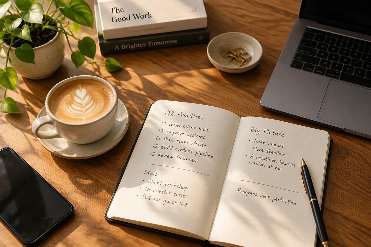 Notebook, coffee and laptop on a desk in morning light
